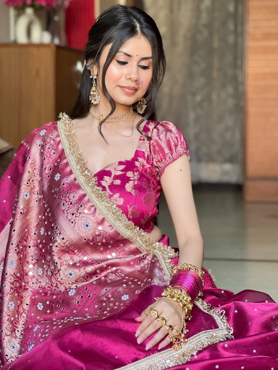 Rani Pink Banarasi Soft Maharani Glass Tissue Silk saree