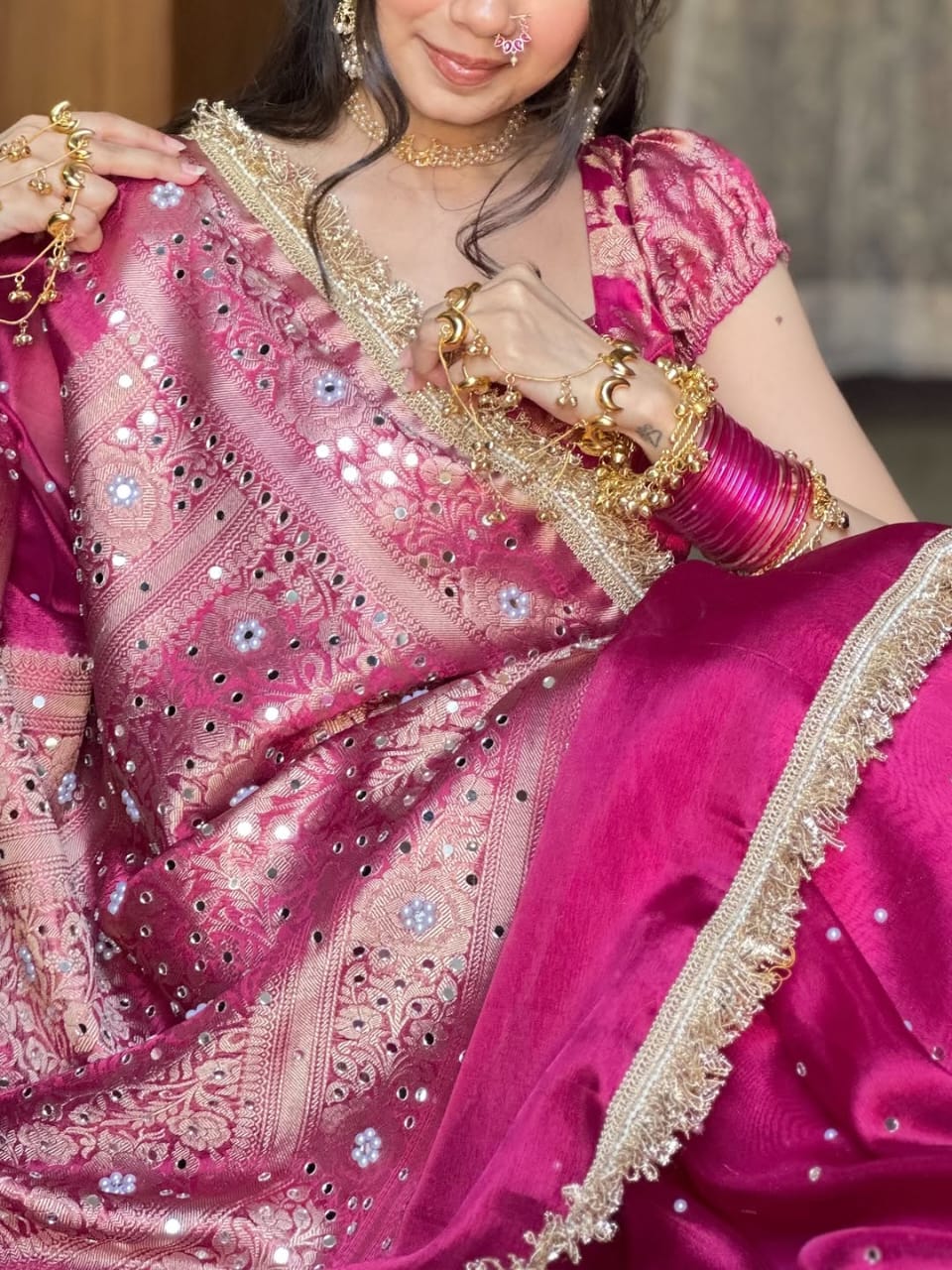 Rani Pink Banarasi Soft Maharani Glass Tissue Silk saree