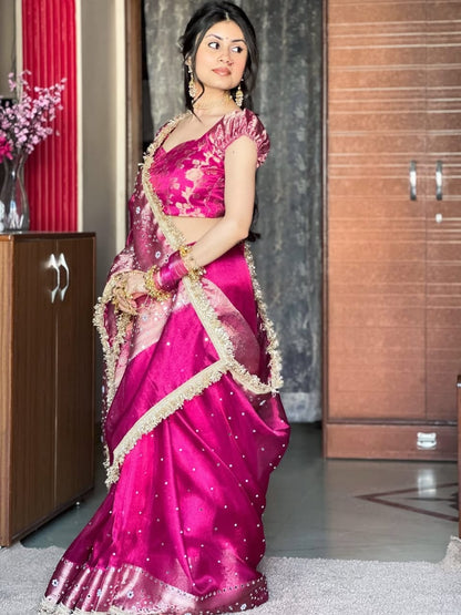 Rani Pink Banarasi Soft Maharani Glass Tissue Silk saree