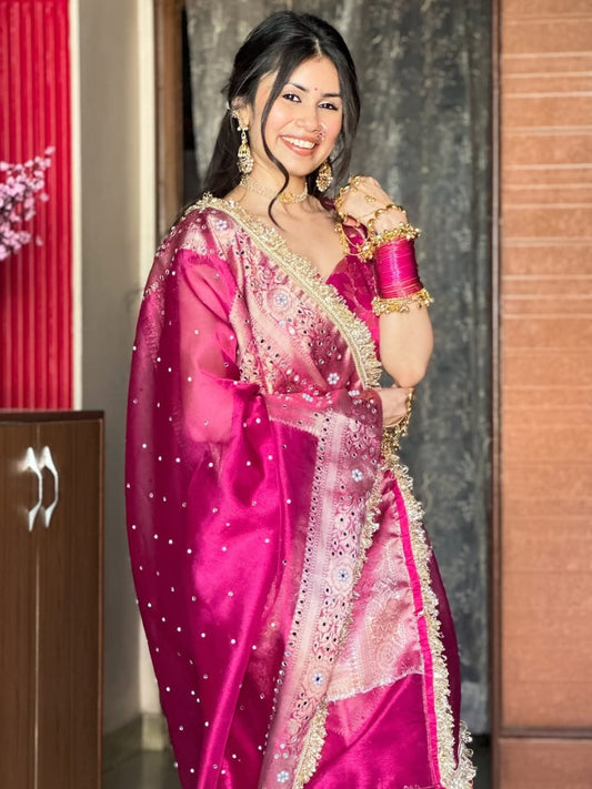 Rani Pink Banarasi Soft Maharani Glass Tissue Silk saree