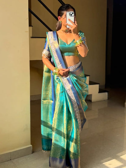 Teal Green Banarasi Soft Kanchi Silk saree