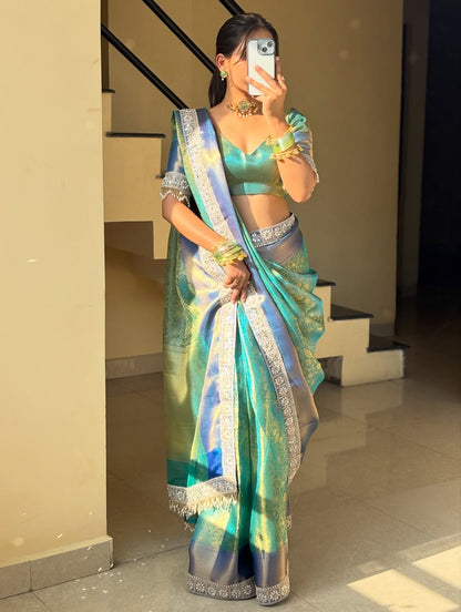 Teal Green Banarasi Soft Kanchi Silk saree