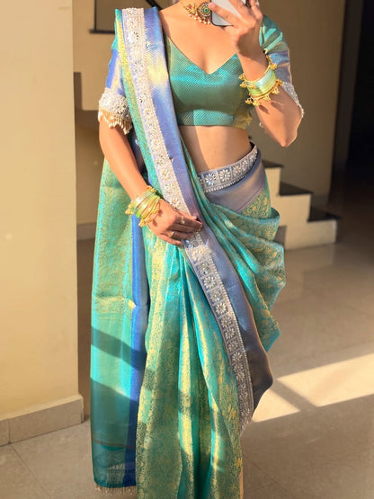 Teal Green Banarasi Soft Kanchi Silk saree