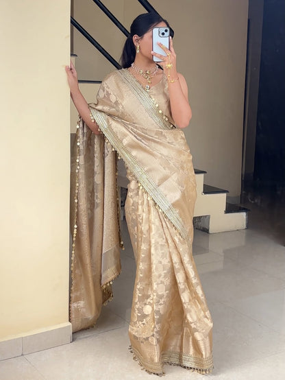 Antique Gold Banarasi Soft Jaal Tissue Silk Saree