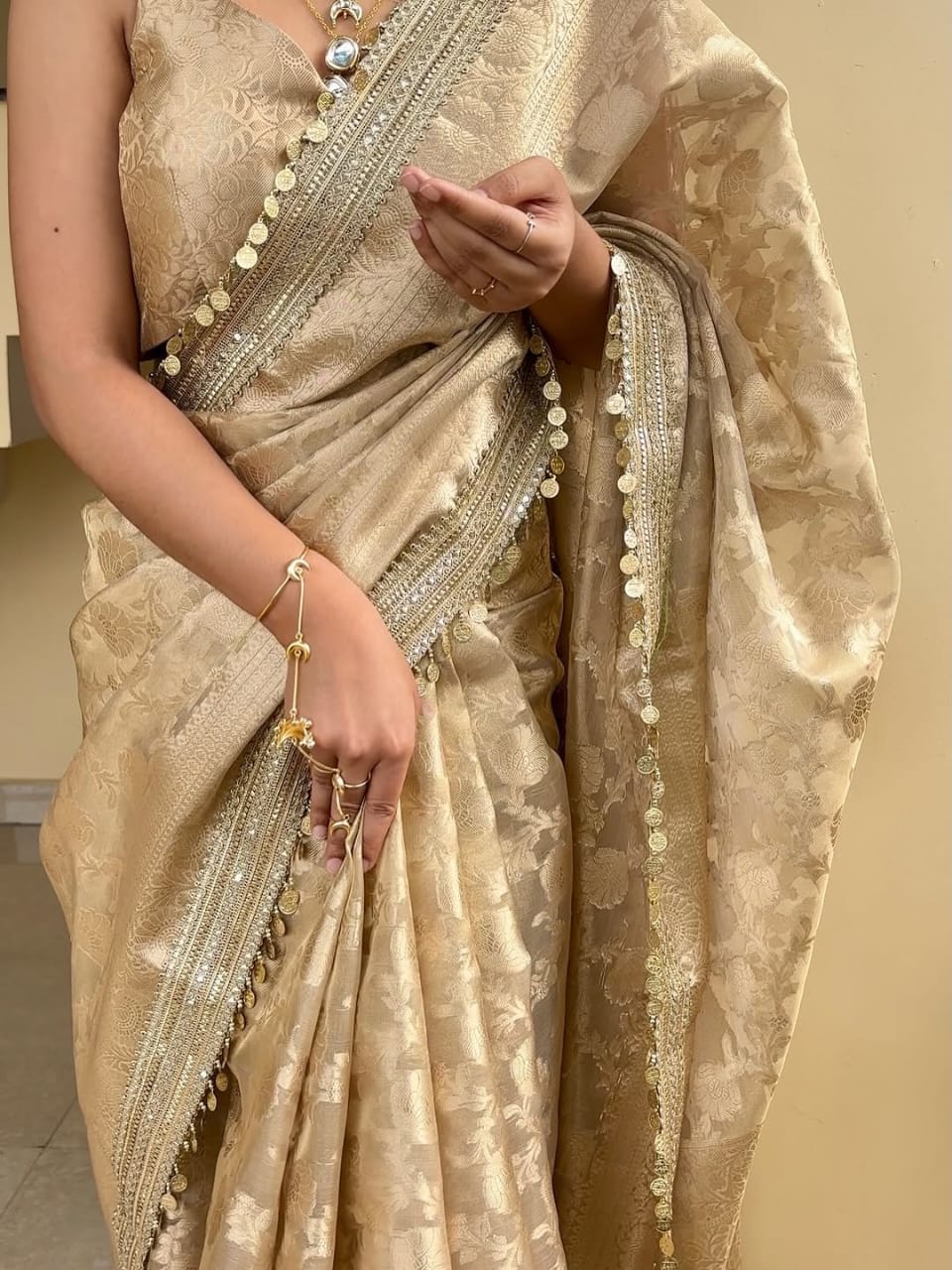 Antique Gold Banarasi Soft Jaal Tissue Silk Saree