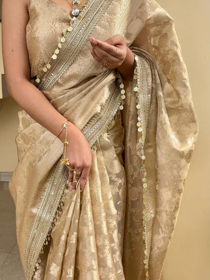 Antique Gold Banarasi Soft Jaal Tissue Silk Saree