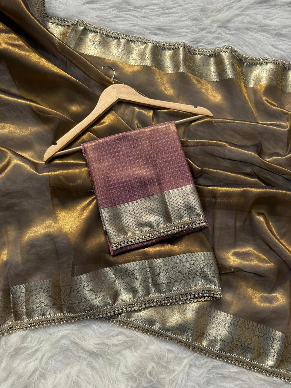 Golden Yellow Soft Tissue Pashmina Silk Saree