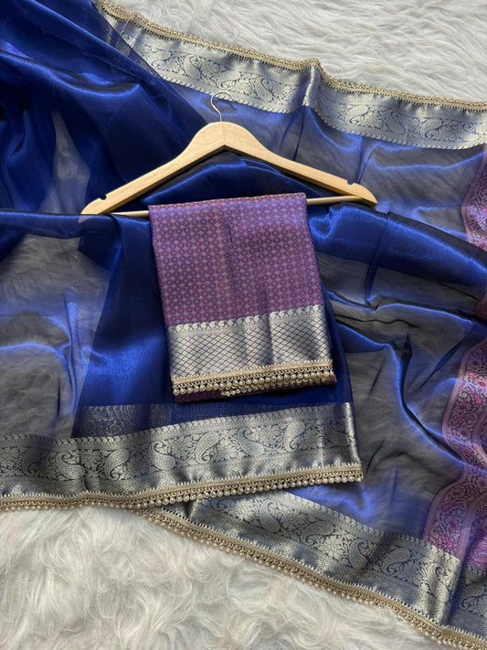 Blue Banarasi Soft Tissue Pashmina Silk Saree