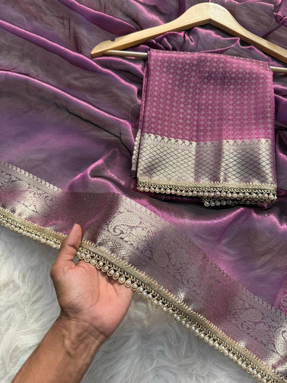 Purple Banarasi Soft Tissue Pashmina Silk Saree