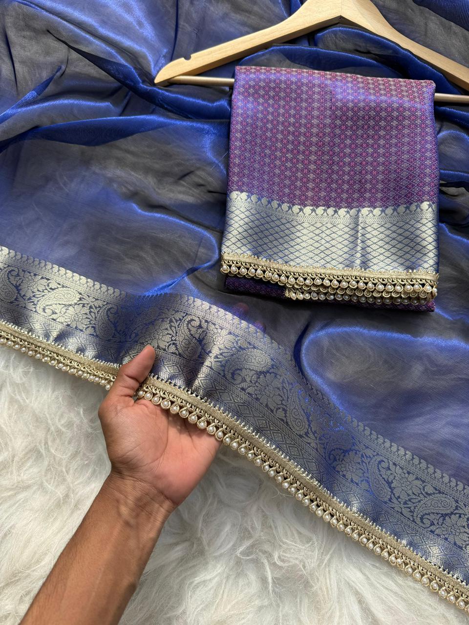 Blue Banarasi Soft Tissue Pashmina Silk Saree