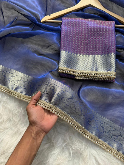 Blue Banarasi Soft Tissue Pashmina Silk Saree