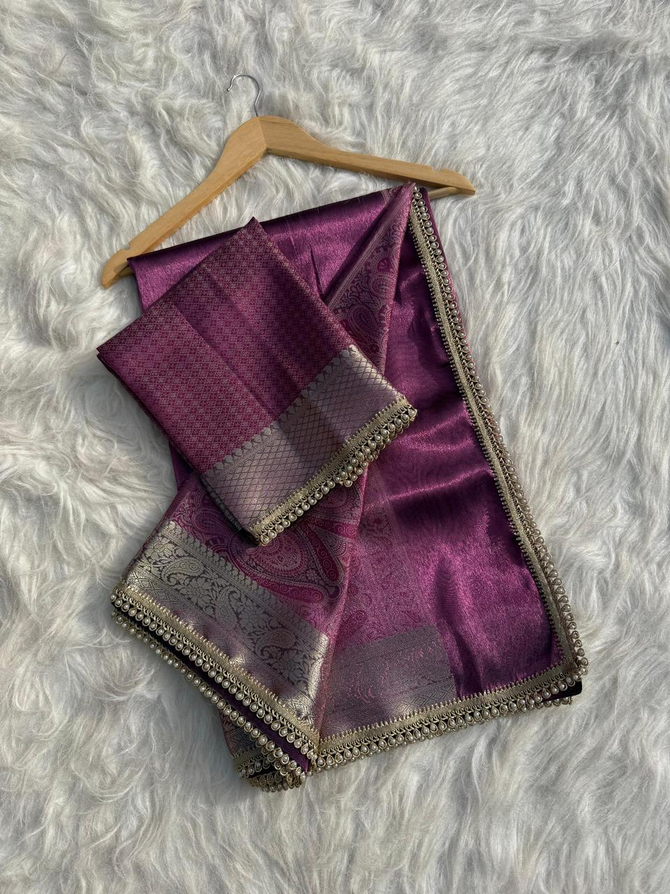 Purple Banarasi Soft Tissue Pashmina Silk Saree