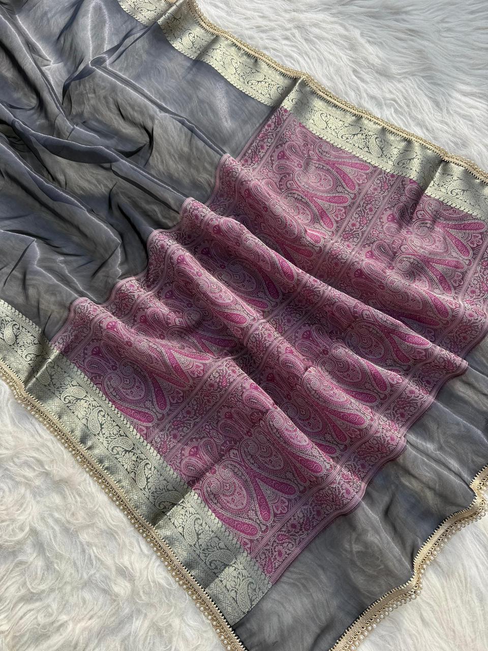 Steel Grey Banarasi Soft Tissue Pashmina Silk Saree