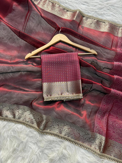 Antique Maroon Soft Tissue Pashmina Silk Saree