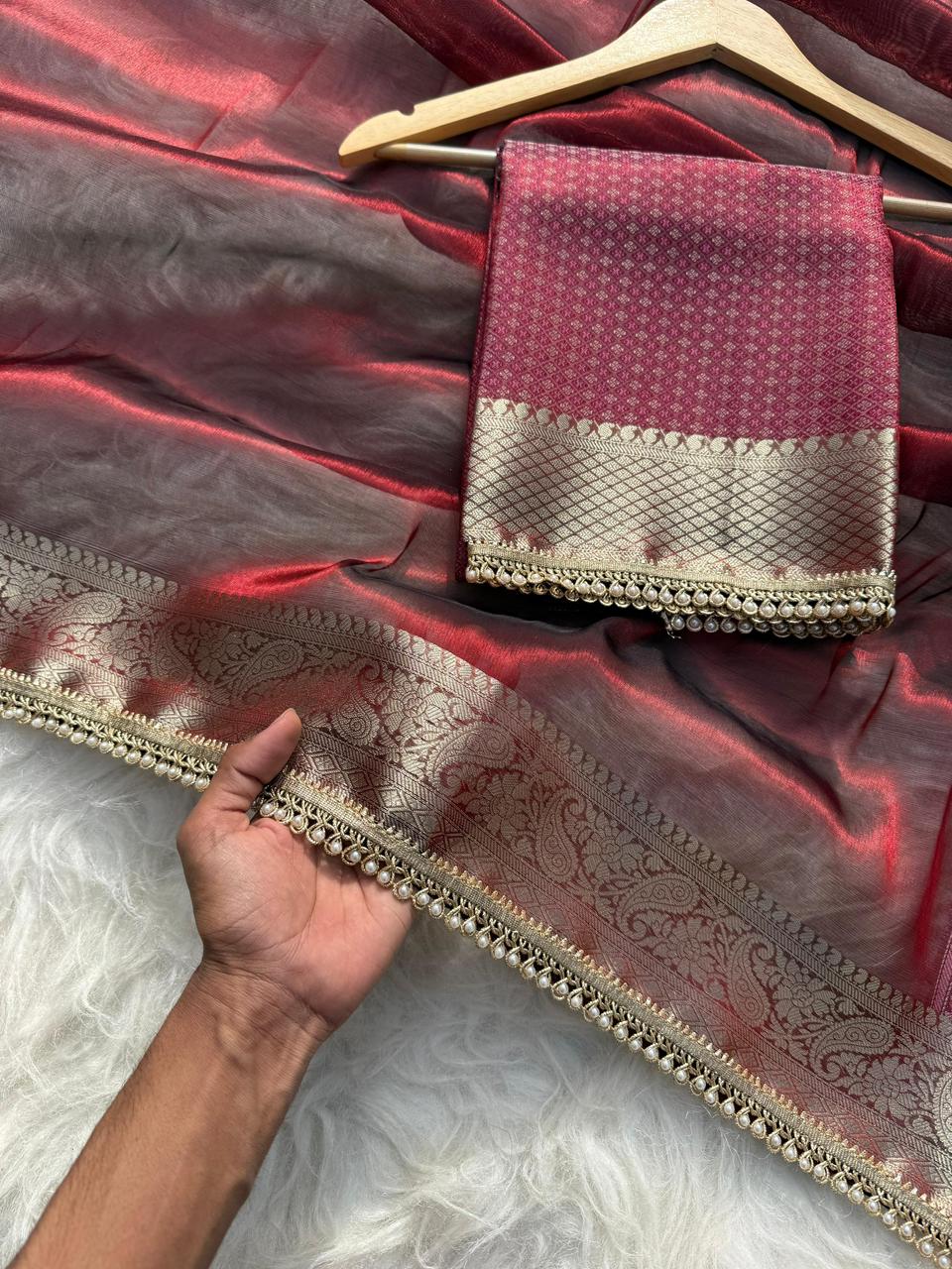 Antique Maroon Soft Tissue Pashmina Silk Saree