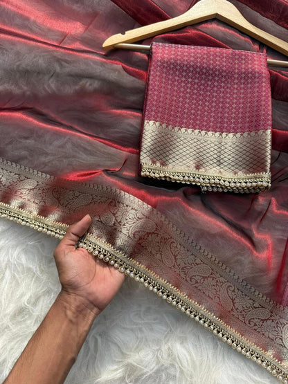 Antique Maroon Soft Tissue Pashmina Silk Saree