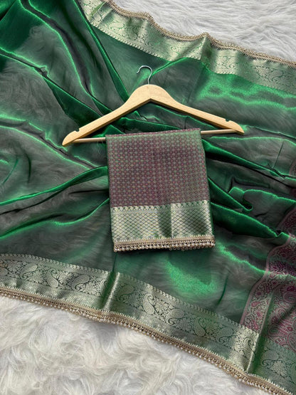 Green Banarasi Soft Tissue Pashmina Silk Saree