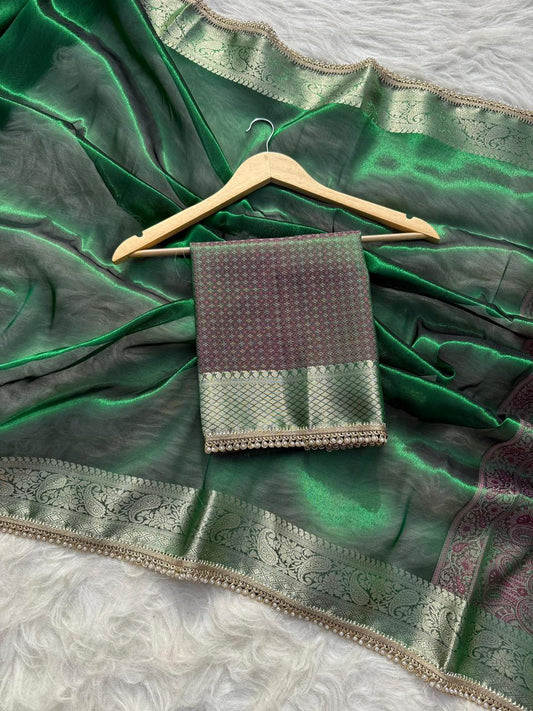 Green Banarasi Soft Tissue Pashmina Silk Saree