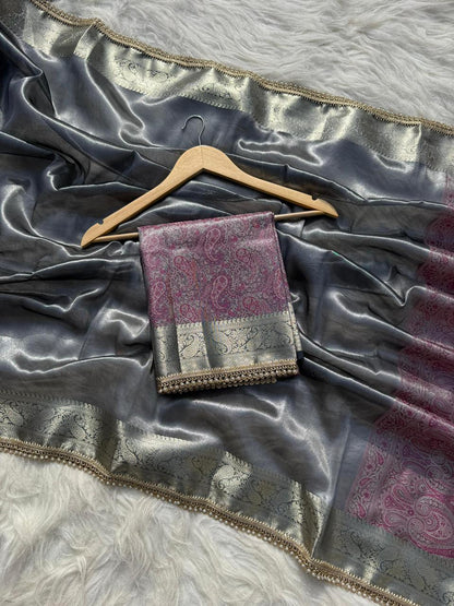 Steel Grey Banarasi Soft Tissue Pashmina Silk Saree