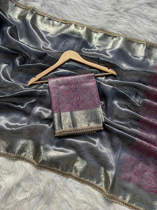 Steel Grey Banarasi Soft Tissue Pashmina Silk Saree