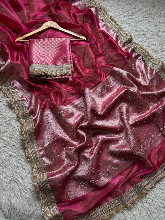 Rani Pink Banarasi Soft Maharani Glass Tissue Silk Saree