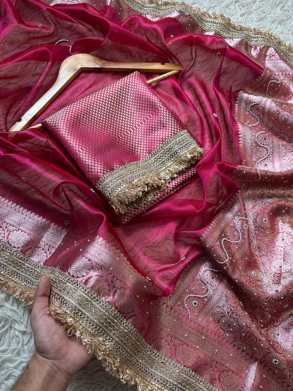 Rani Pink Banarasi Soft Maharani Glass Tissue Silk Saree