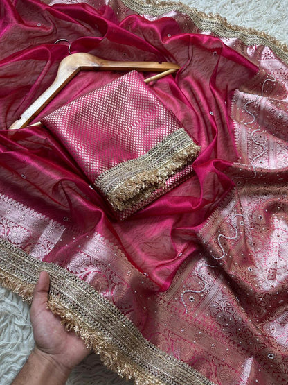 Rani Pink Banarasi Soft Maharani Glass Tissue Silk Saree