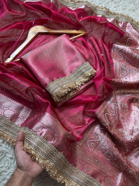 Rani Pink Banarasi Soft Maharani Glass Tissue Silk Saree