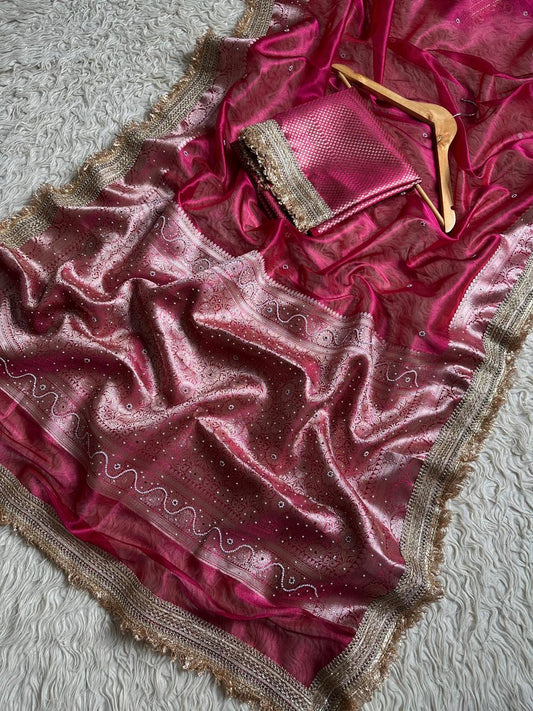 Rani Pink Banarasi Soft Maharani Glass Tissue Silk Saree