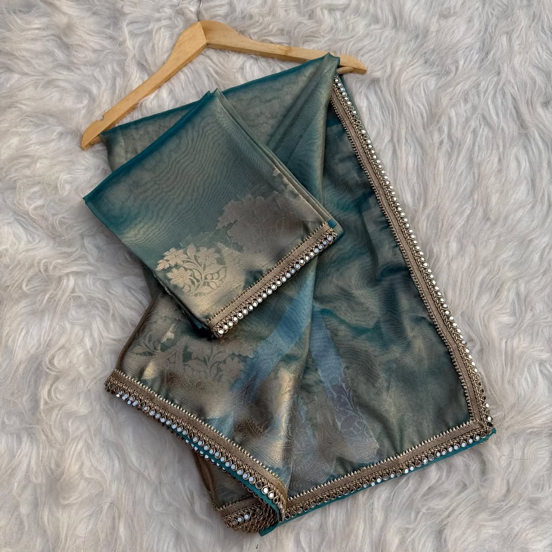 Dusty Teal Blue Banarasi Soft Tissue Silk Saree