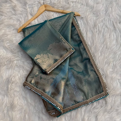 Dusty Teal Blue Banarasi Soft Tissue Silk Saree