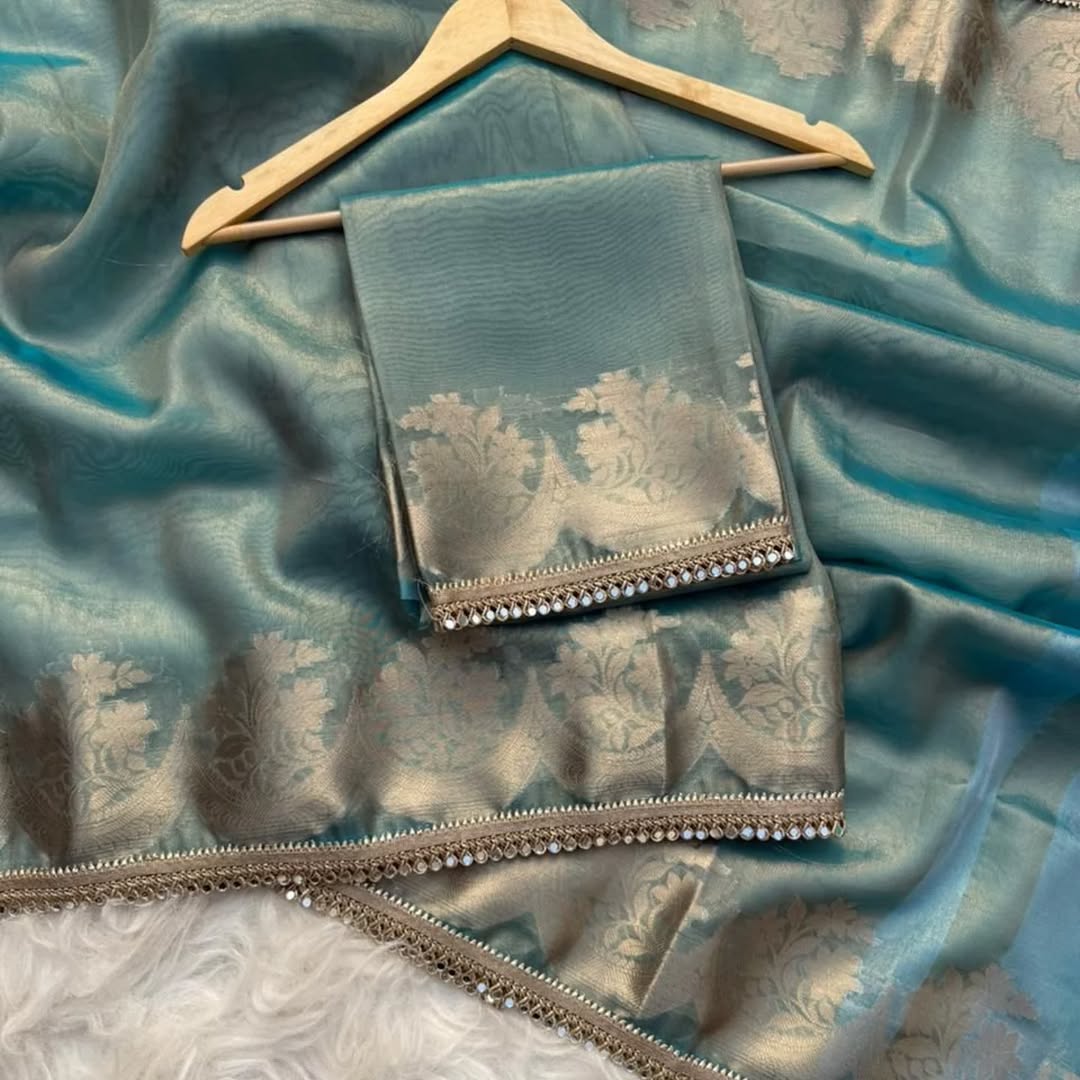 Dusty Teal Blue Banarasi Soft Tissue Silk Saree