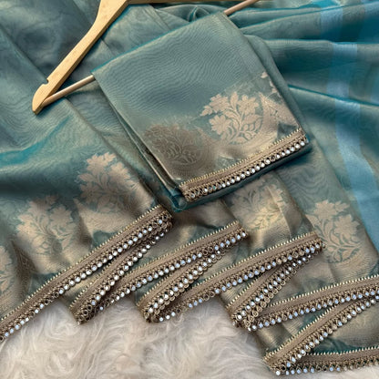 Dusty Teal Blue Banarasi Soft Tissue Silk Saree