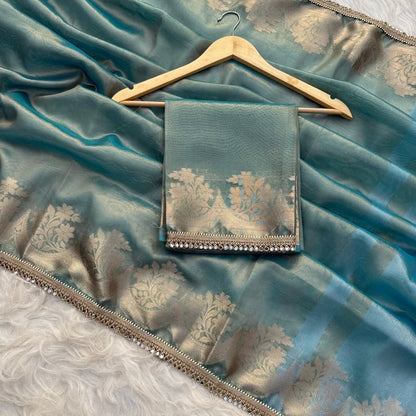Dusty Teal Blue Banarasi Soft Tissue Silk Saree