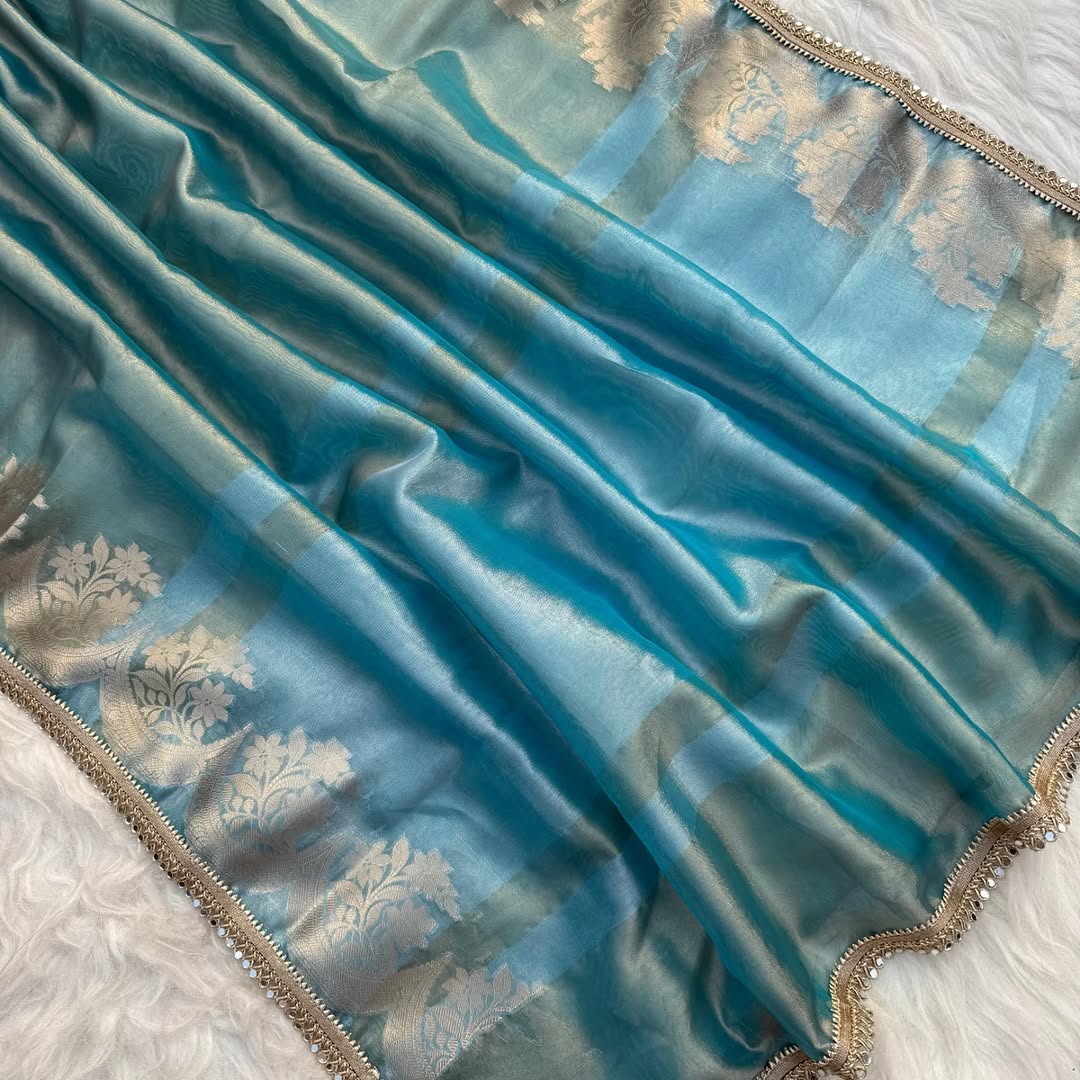 Dusty Teal Blue Banarasi Soft Tissue Silk Saree