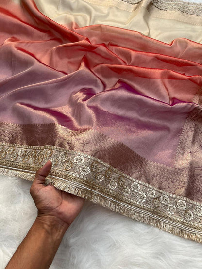 3D Multi Shade Tissue Saree with Embroidery Border