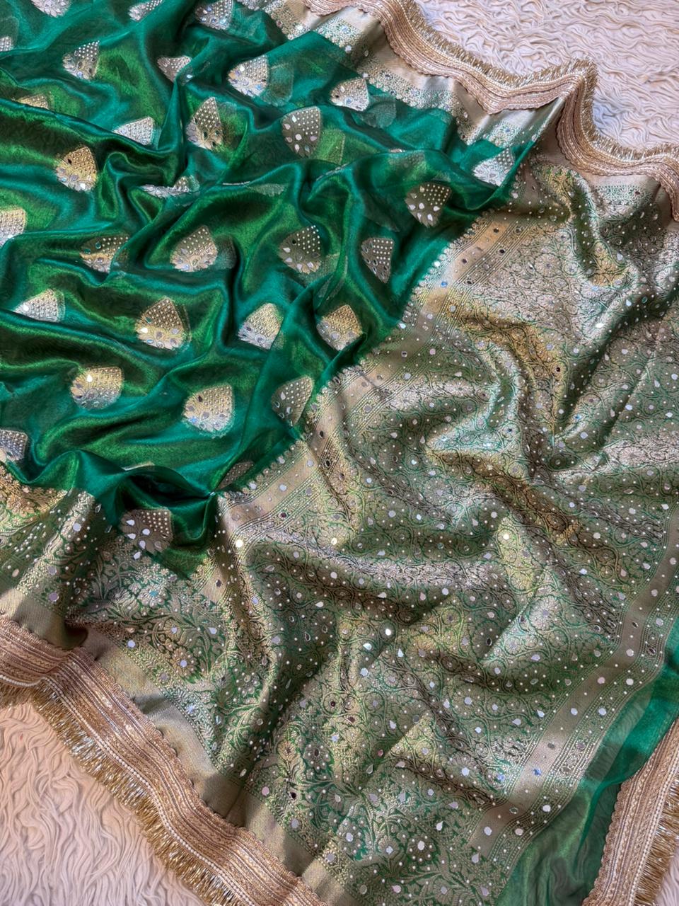 Green Banarasi Soft Maharani Glass Tissue Silk Saree