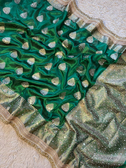 Green Banarasi Soft Maharani Glass Tissue Silk Saree