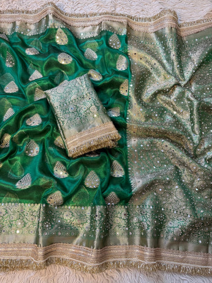Green Banarasi Soft Maharani Glass Tissue Silk Saree