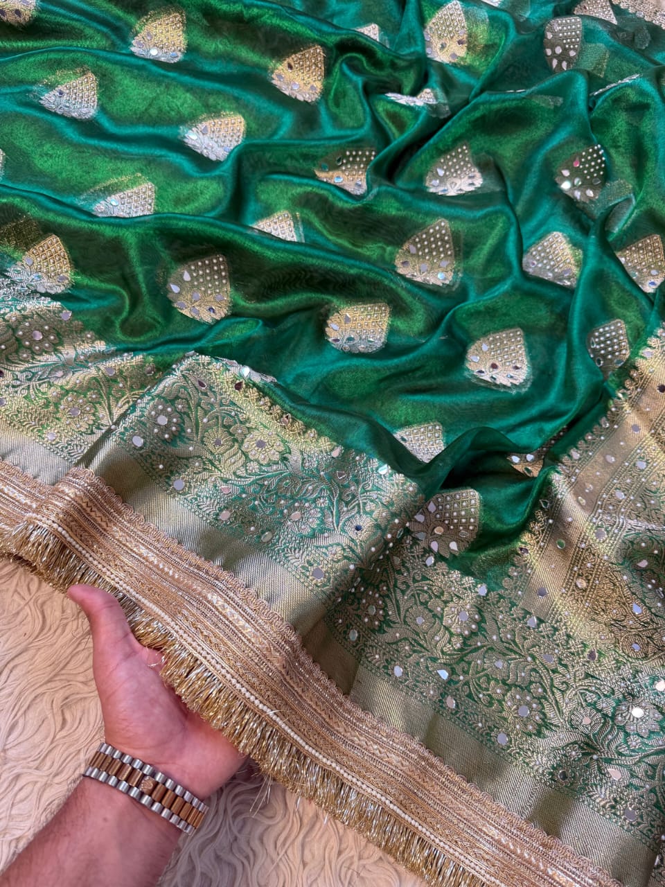 Green Banarasi Soft Maharani Glass Tissue Silk Saree