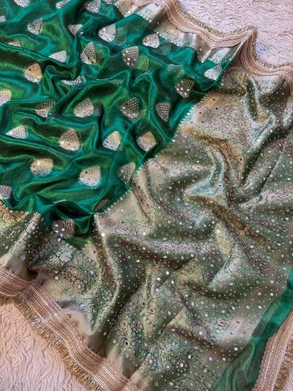 Green Banarasi Soft Maharani Glass Tissue Silk Saree