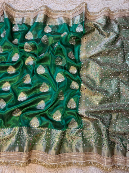 Green Banarasi Soft Maharani Glass Tissue Silk Saree