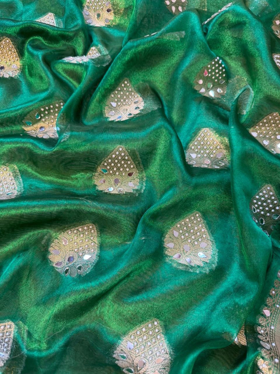 Green Banarasi Soft Maharani Glass Tissue Silk Saree