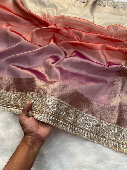 3D Multi Shade Tissue Saree with Embroidery Border