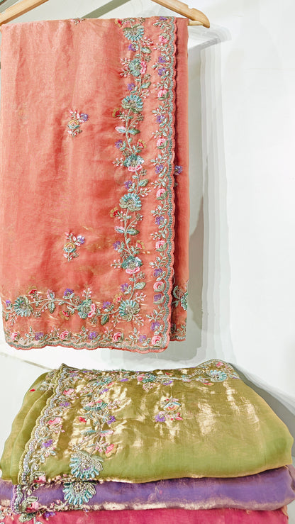 Peach Coral Satin Silk Saree