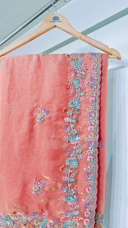 Peach Coral Satin Silk Saree