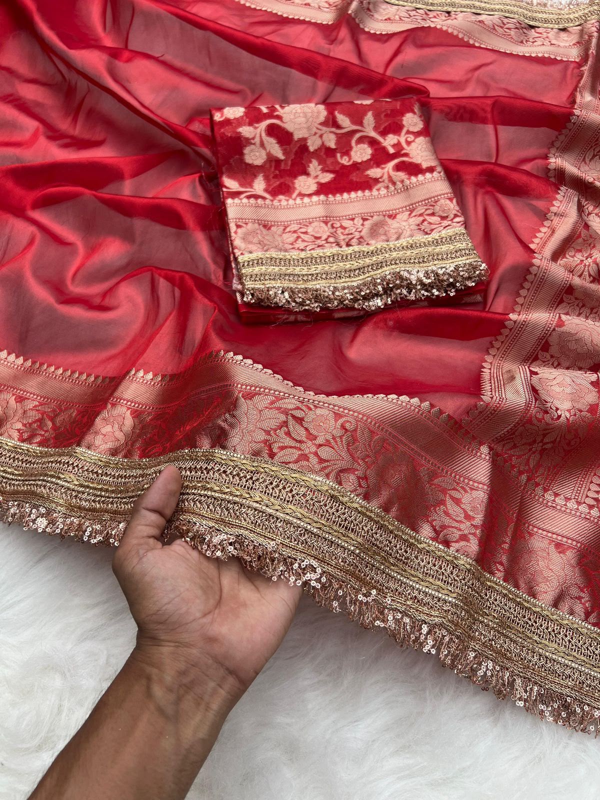 Red Banarasi Soft Tissue Silk Saree