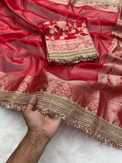 Red Banarasi Soft Tissue Silk Saree