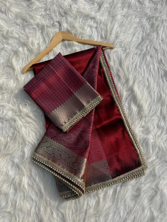 Antique Maroon Soft Tissue Pashmina Silk Saree