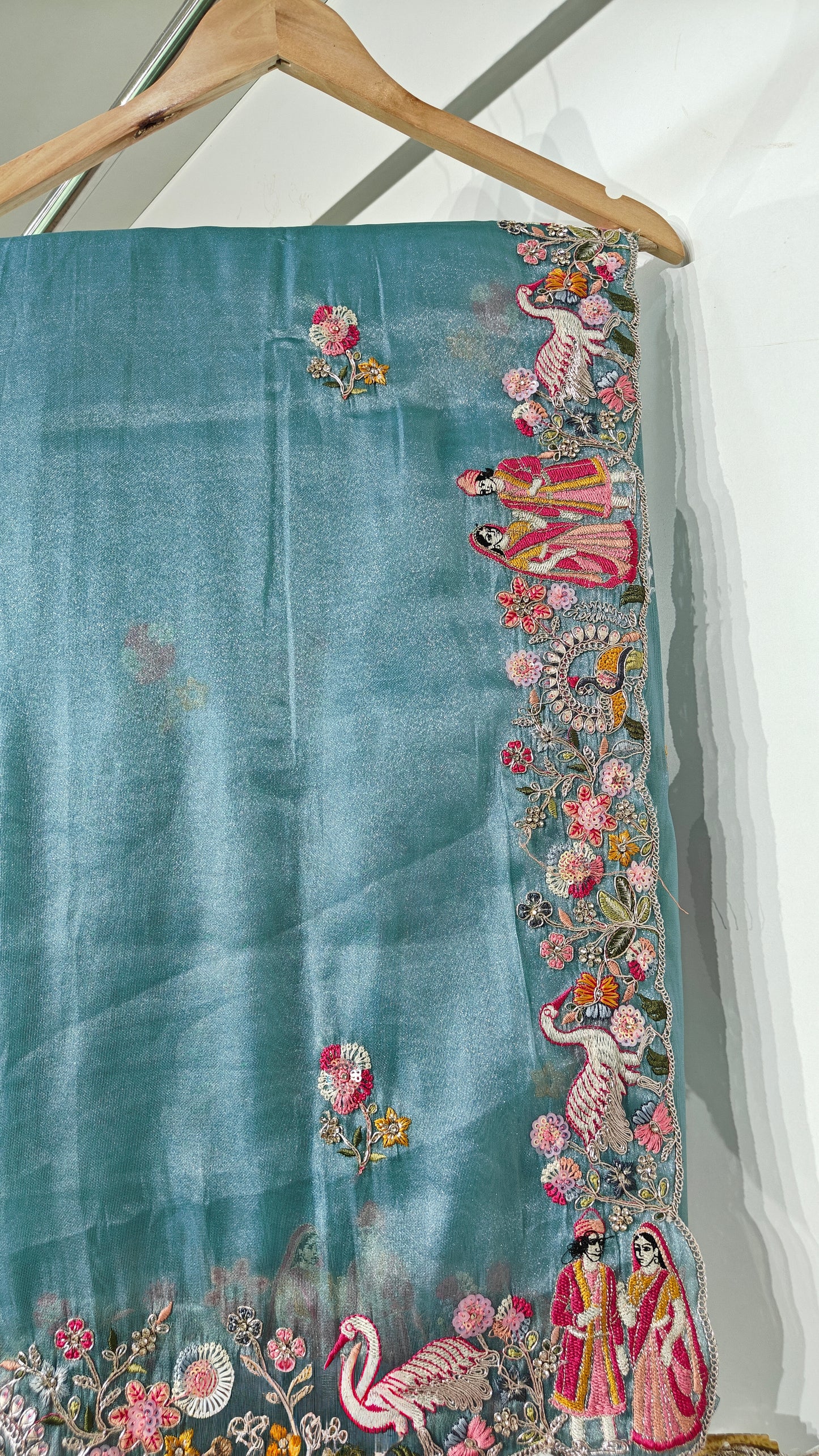 Ice Blue Organza Sequins Dulha-Dulhan Work Saree